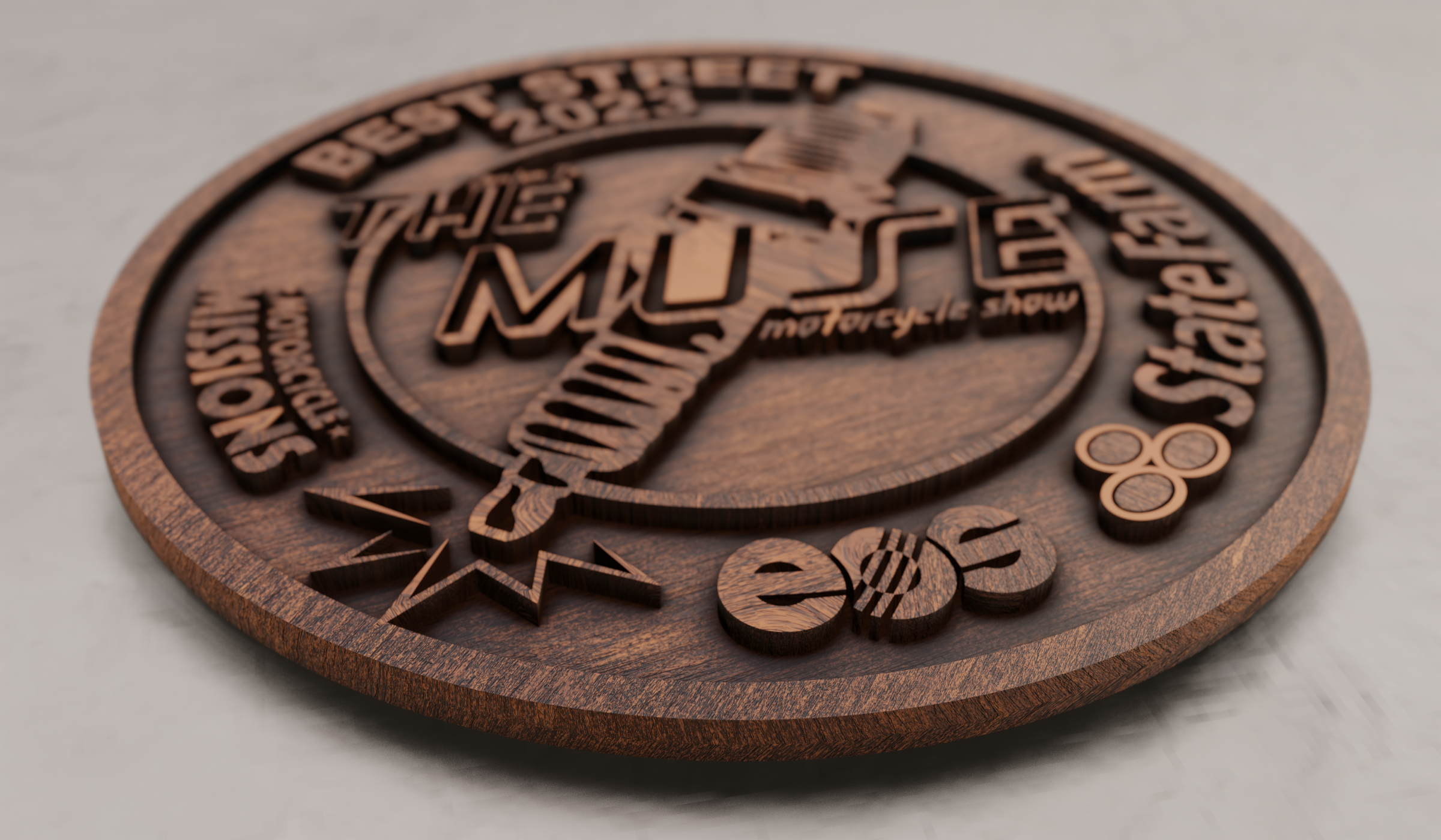 Rendering of competition coin for The Muse Motorcycle Show - Motorcycle Missions - EOS North America - State Farm Insurance