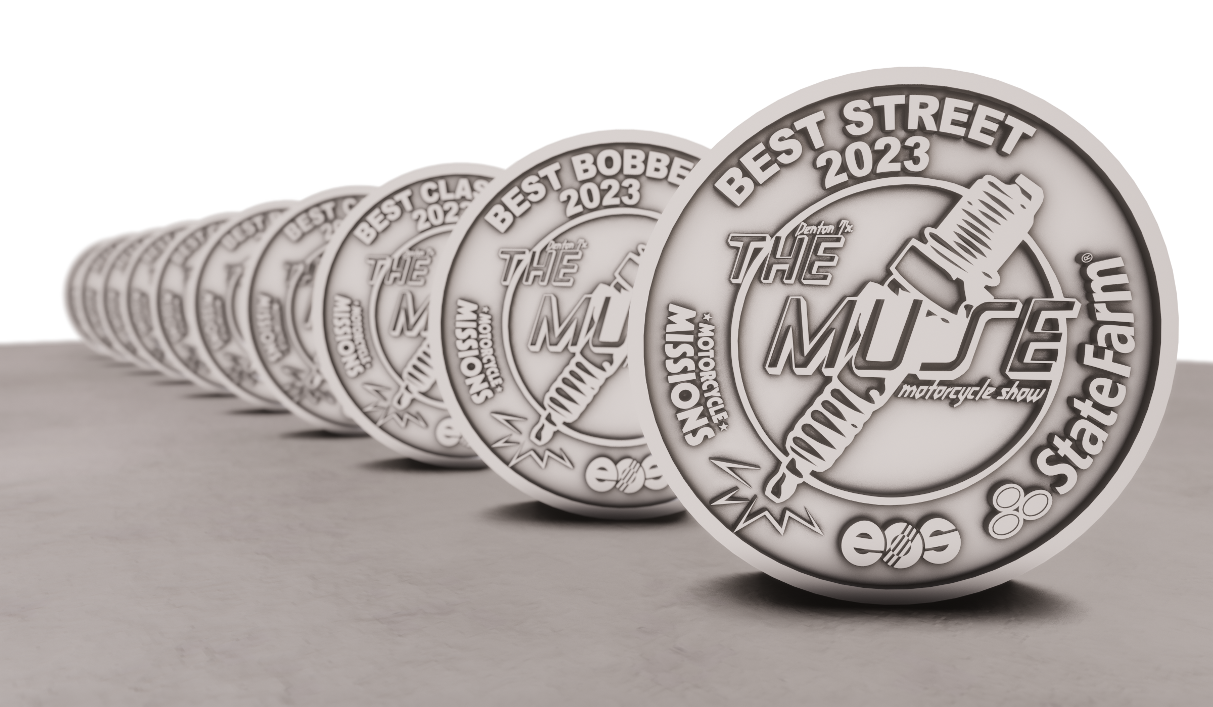 Rendering of competition coin for The Muse Motorcycle Show - Motorcycle Missions - EOS North America - State Farm Insurance