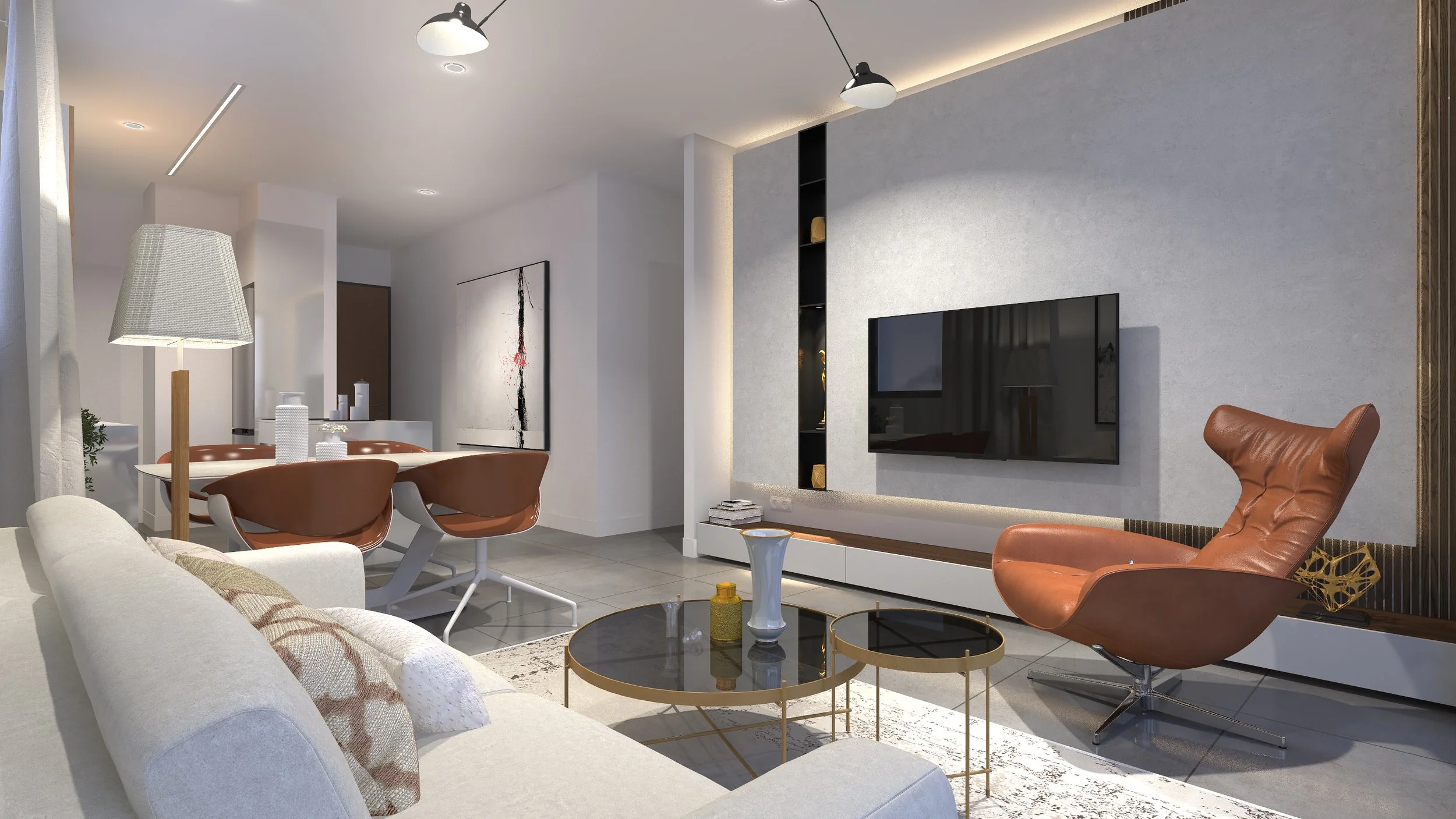 Modern living room with beige sofa, brown leather armchair, black and gold coffee tables, wall-mounted TV, and open dining area with brown chairs. Decor includes a lamp, artwork, and decorative vases.