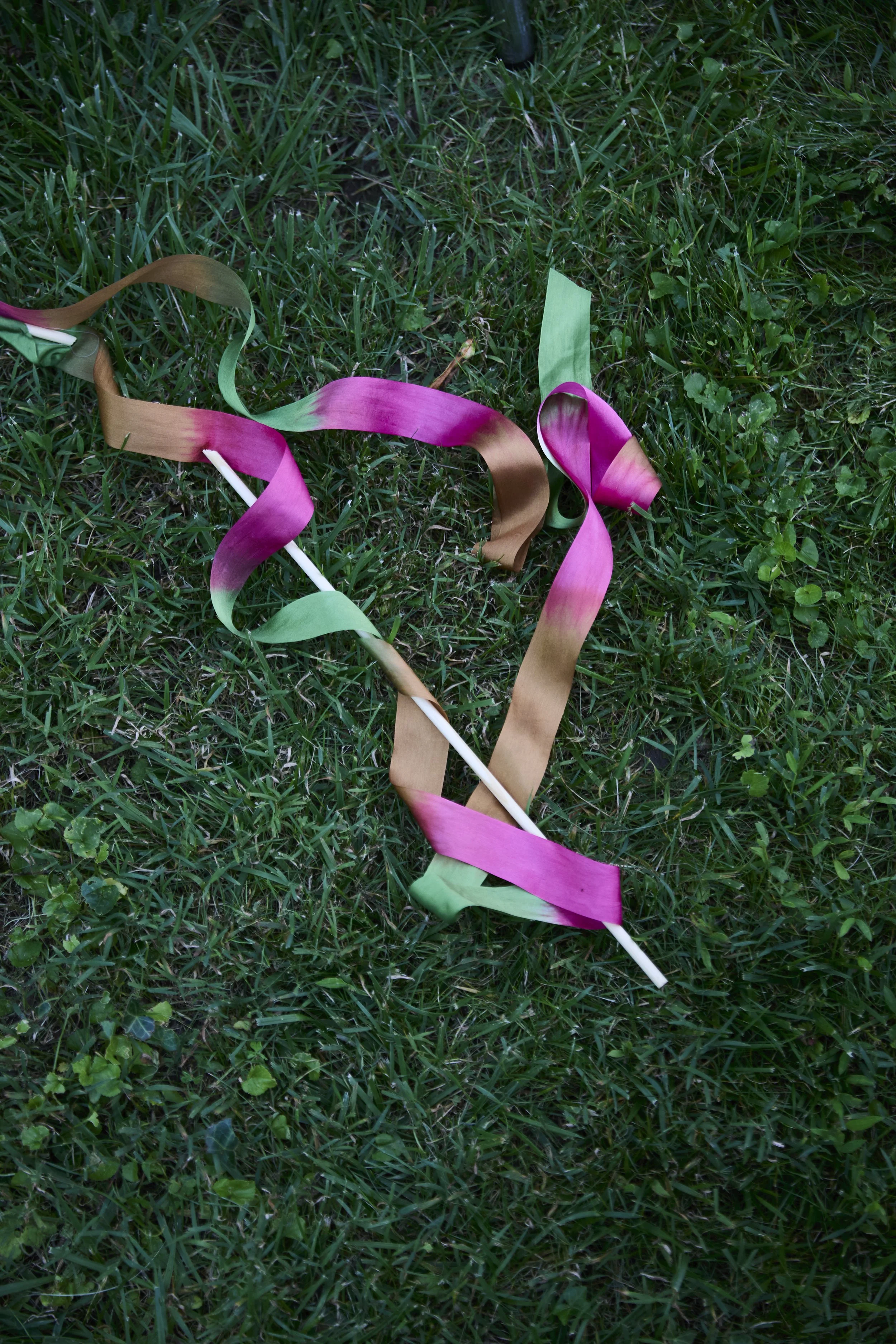 A broken wand with pink and green ribbons lying on grass.