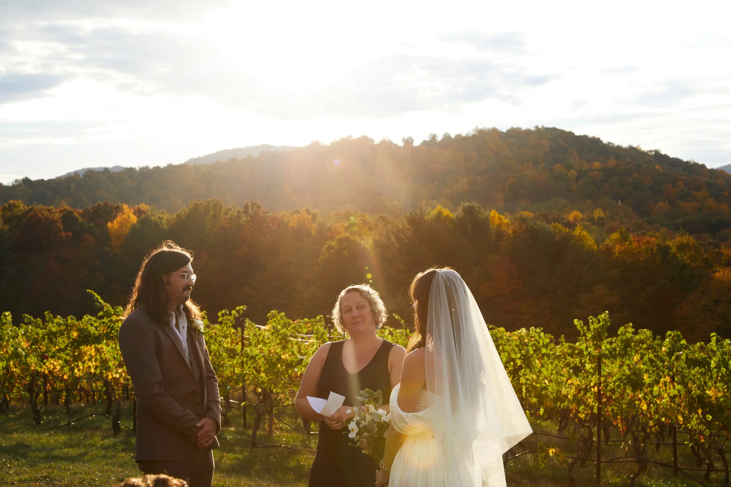 A wedding ceremony outdoors in a vineyard with a mountainous background at sunset, featuring a bride in a white dress and veil, a groom with long hair in a suit, and an officiant.