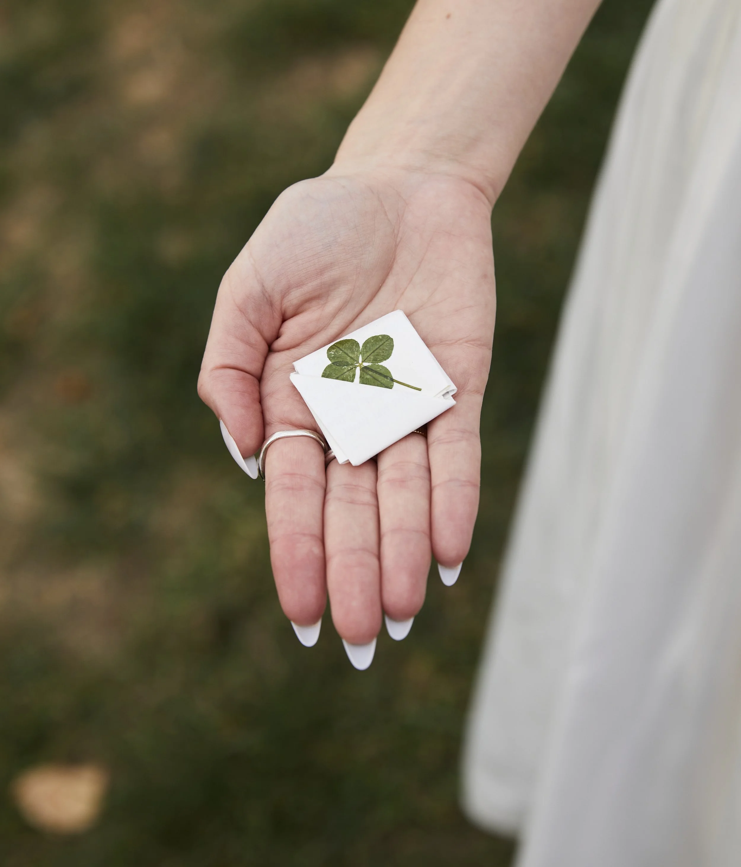 A hand holding a small stack of napkins with a four-leaf clover printed on top.
