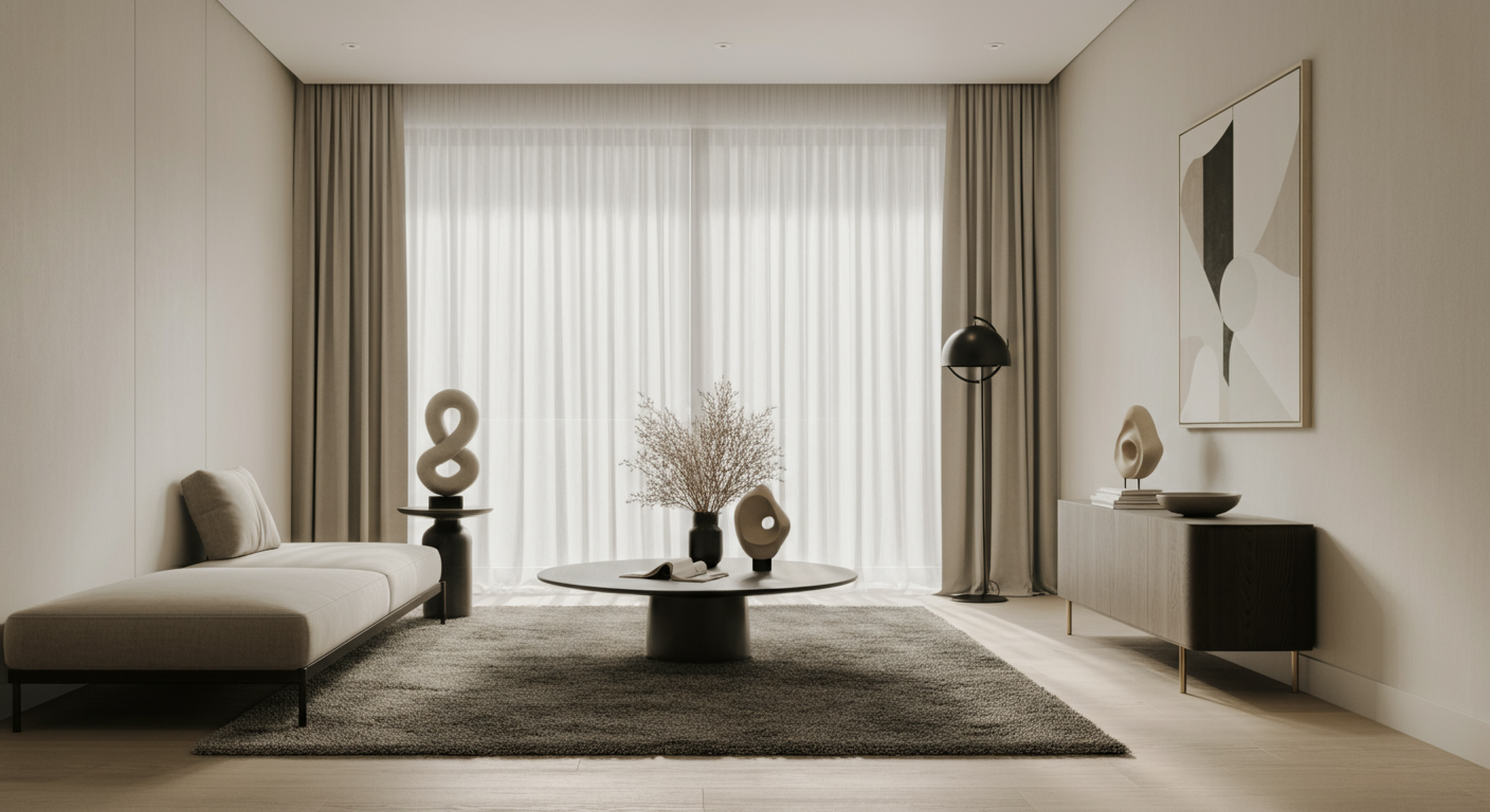 Minimalist living room with a cream sofa, abstract artwork on the wall, black sideboard, tall floor lamp, and decorative sculptures and vase on a round and rectangular tables, beige curtains, and light wood flooring.