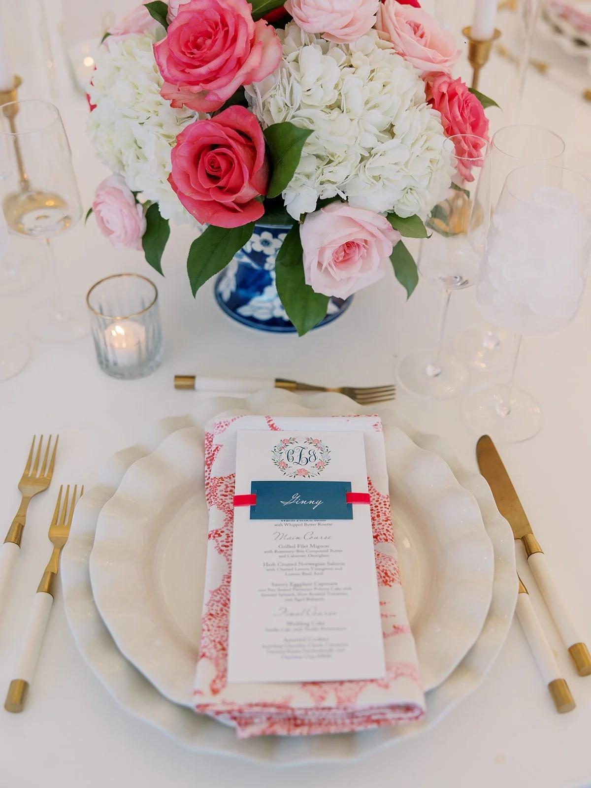 Wedding Tablescape with Blue Vases and Pink Touches.JPG