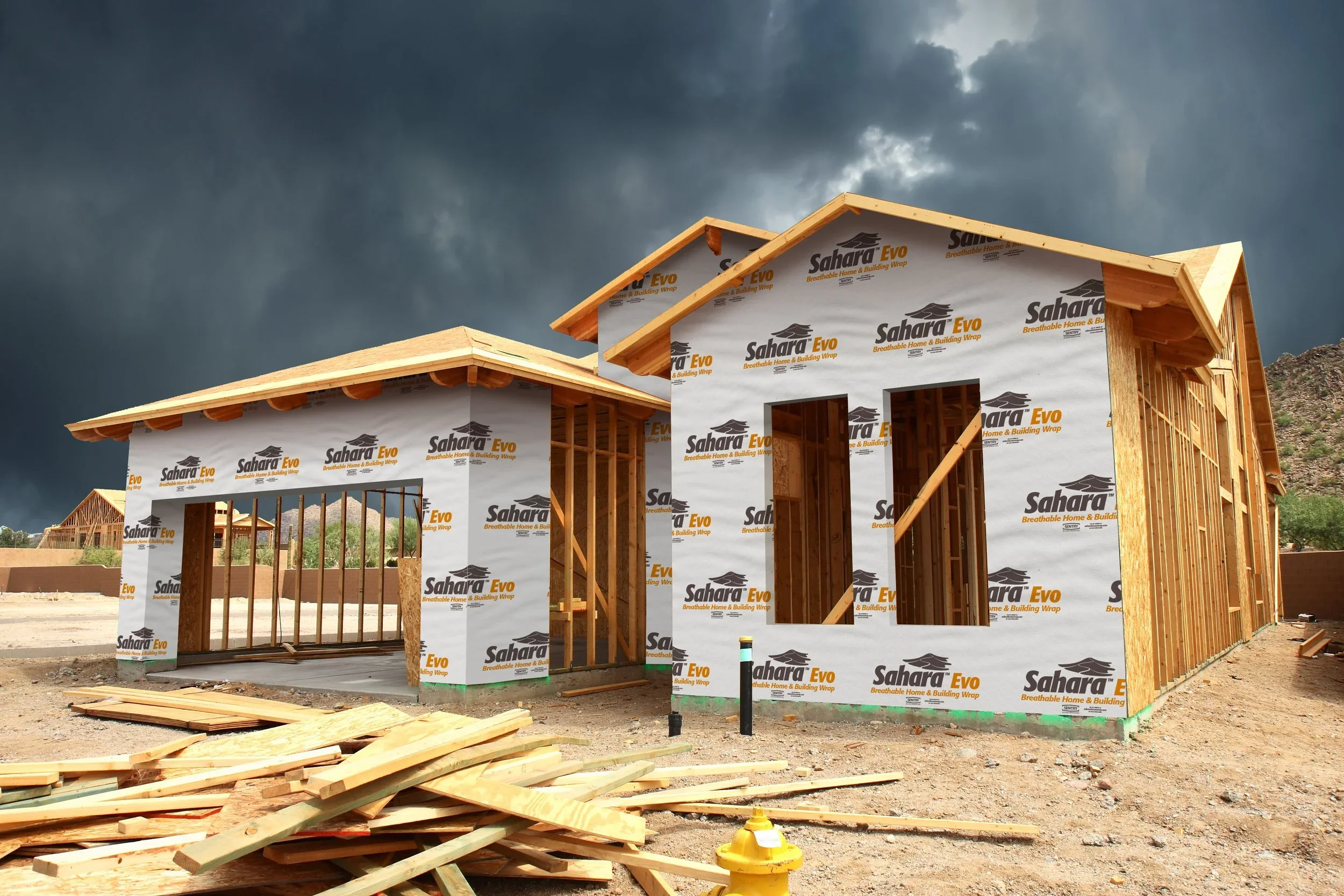 Breathable Weather Resistive Barrier Sahara Evo wrap on house being built.