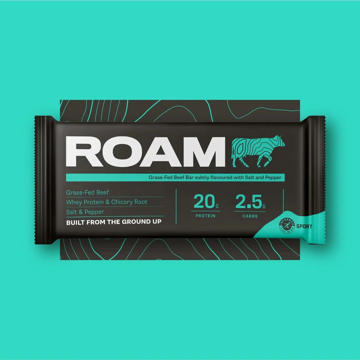 Roam grass-fed beef protein bar in black and teal packaging with text highlighting its ingredients and nutritional info.