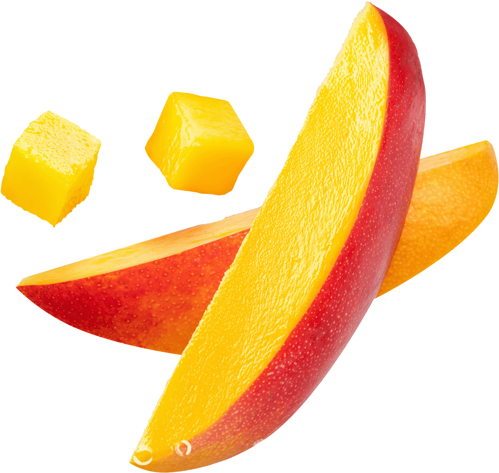 Sliced mango pieces and chunks of mango floating against a black background.