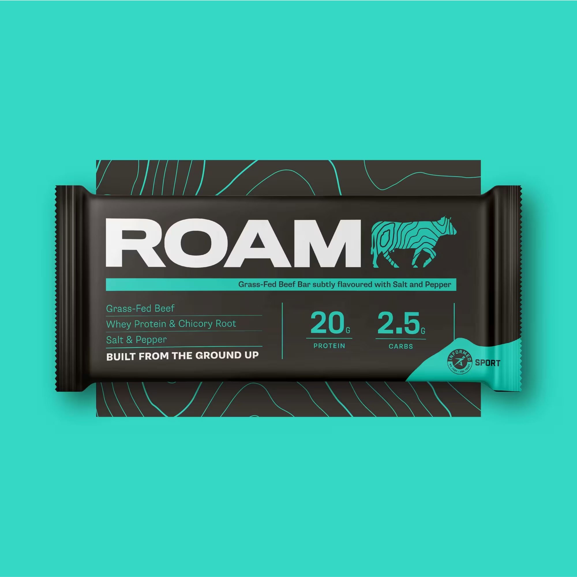 Energy bar named 'ROAM' with black and teal packaging, featuring a stylized bison logo and labeling for grass-fed beef with protein and carbs, on a teal background.