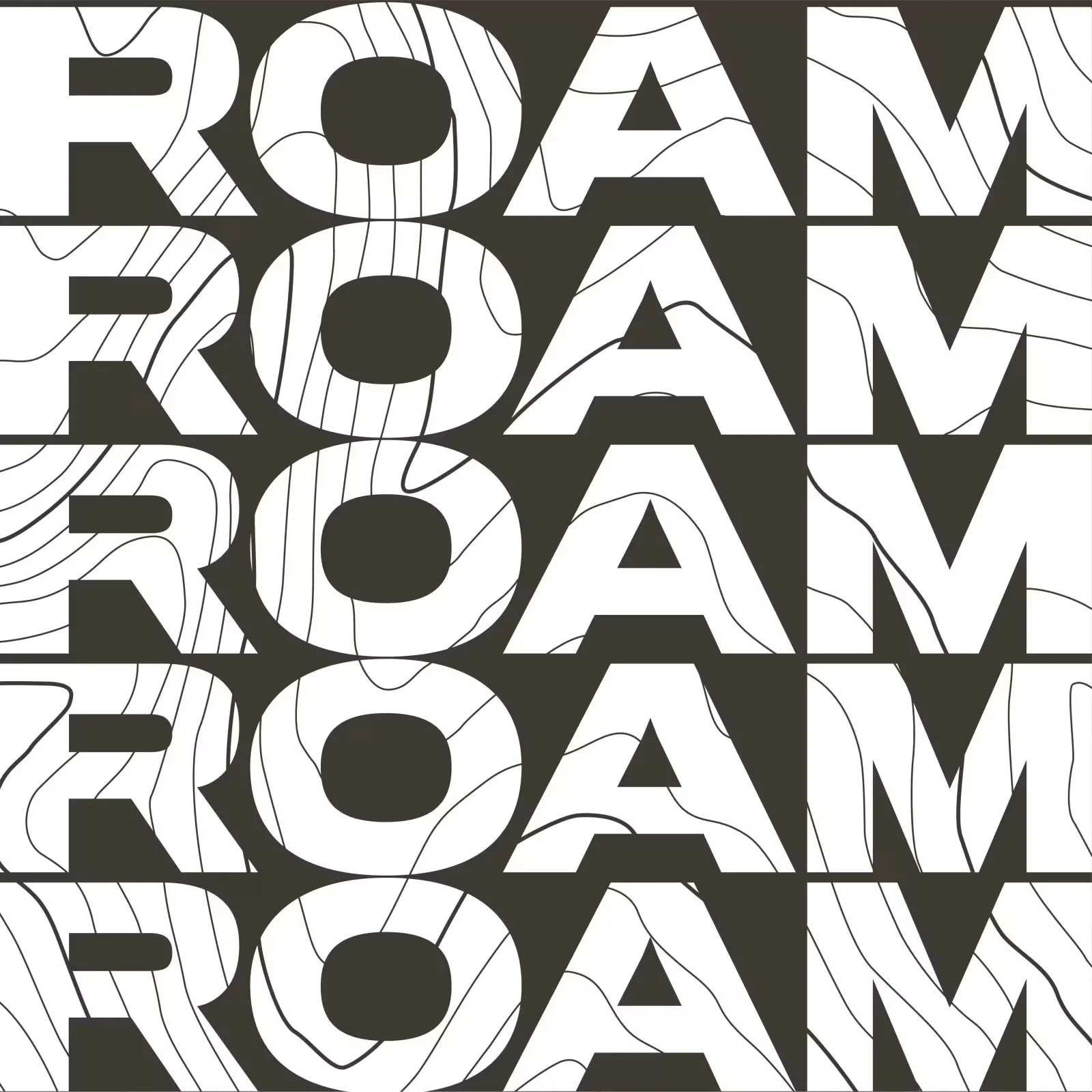 Repeating black and white graphic with the words 'ROAM' and 'REAM' with a topographical map pattern inside the letters.