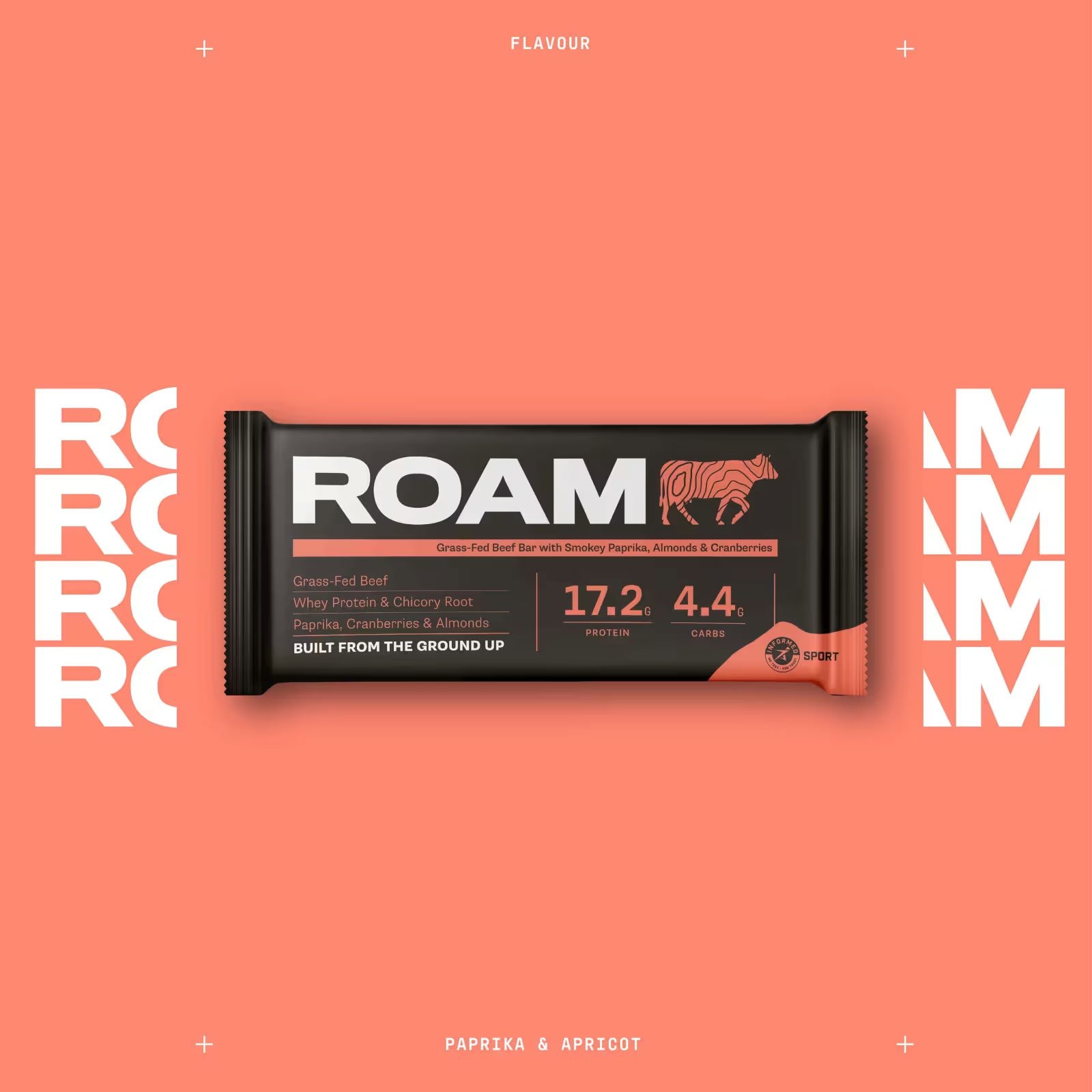 Roam beef bar with smoky paprika, almonds, and cranberries, positioned on a pink background with promotional text and design elements.