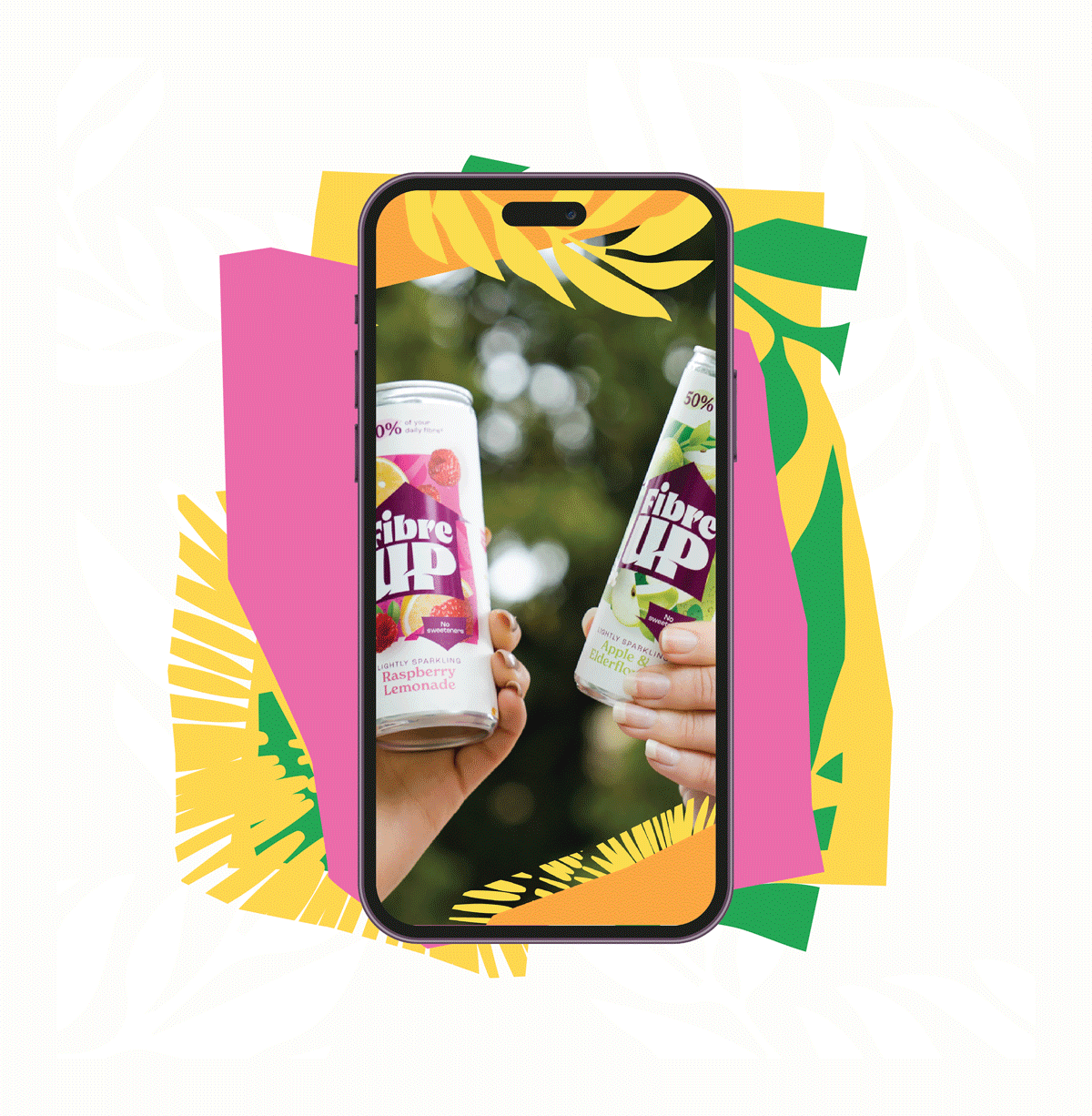 Digital illustration of a smartphone displaying two cans of Libre Up sparkling drinks, held by hands, with colorful tropical background elements.