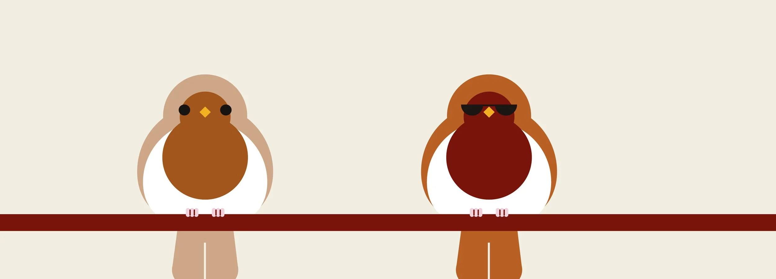Two cartoon birds sitting on a red branch against a light background, with one bird wearing sunglasses.