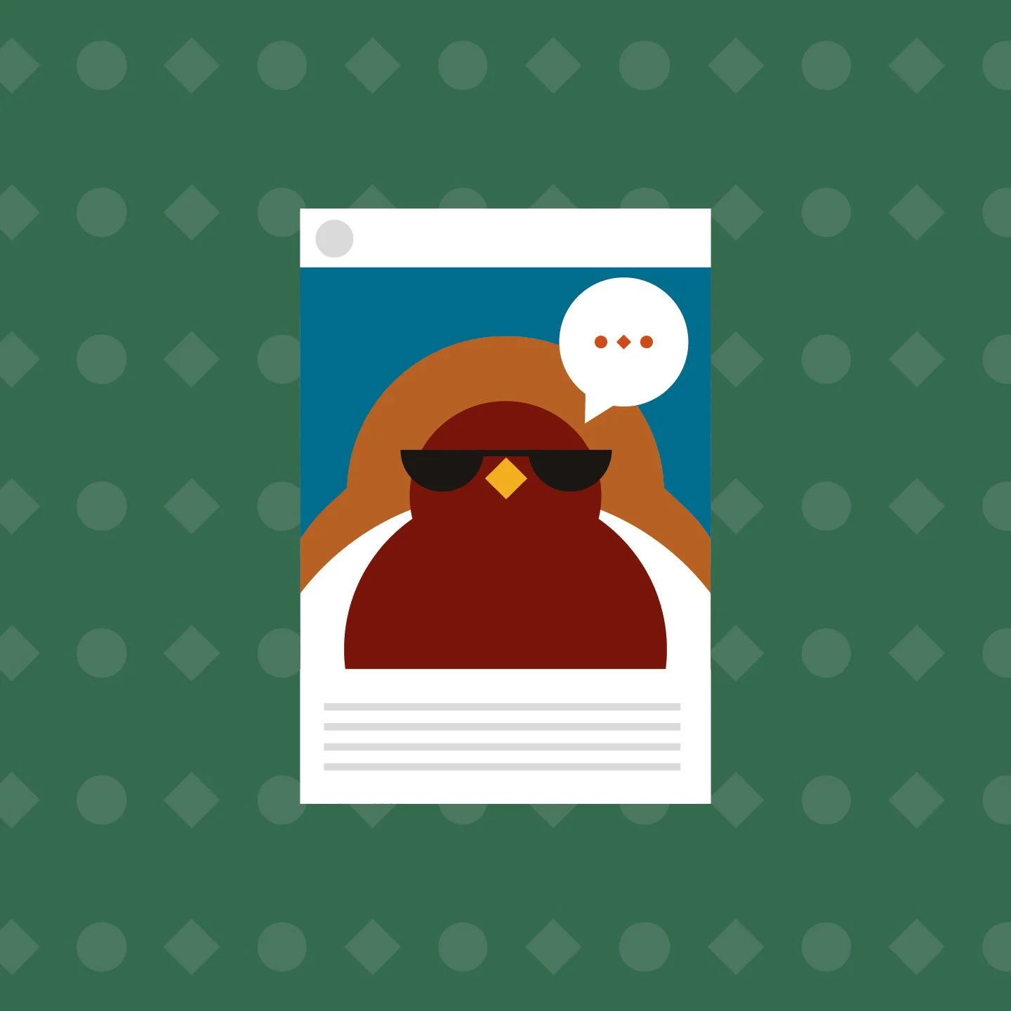 A cartoon illustration of a bird wearing sunglasses with a speech bubble containing three dots.