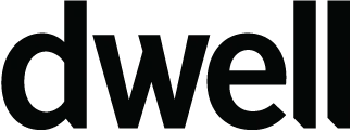 Dwell Magazine logo Black background with white text