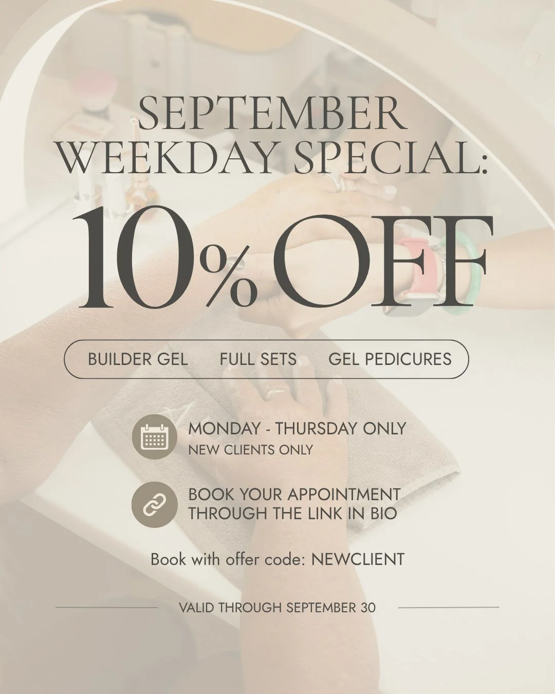 A little weekday treat for new guests!

All September long, new clients can enjoy 10% off select services Monday through Thursday, including builder gel, full sets, and gel pedicures.

Appointments are available through the link in our bio and you ca