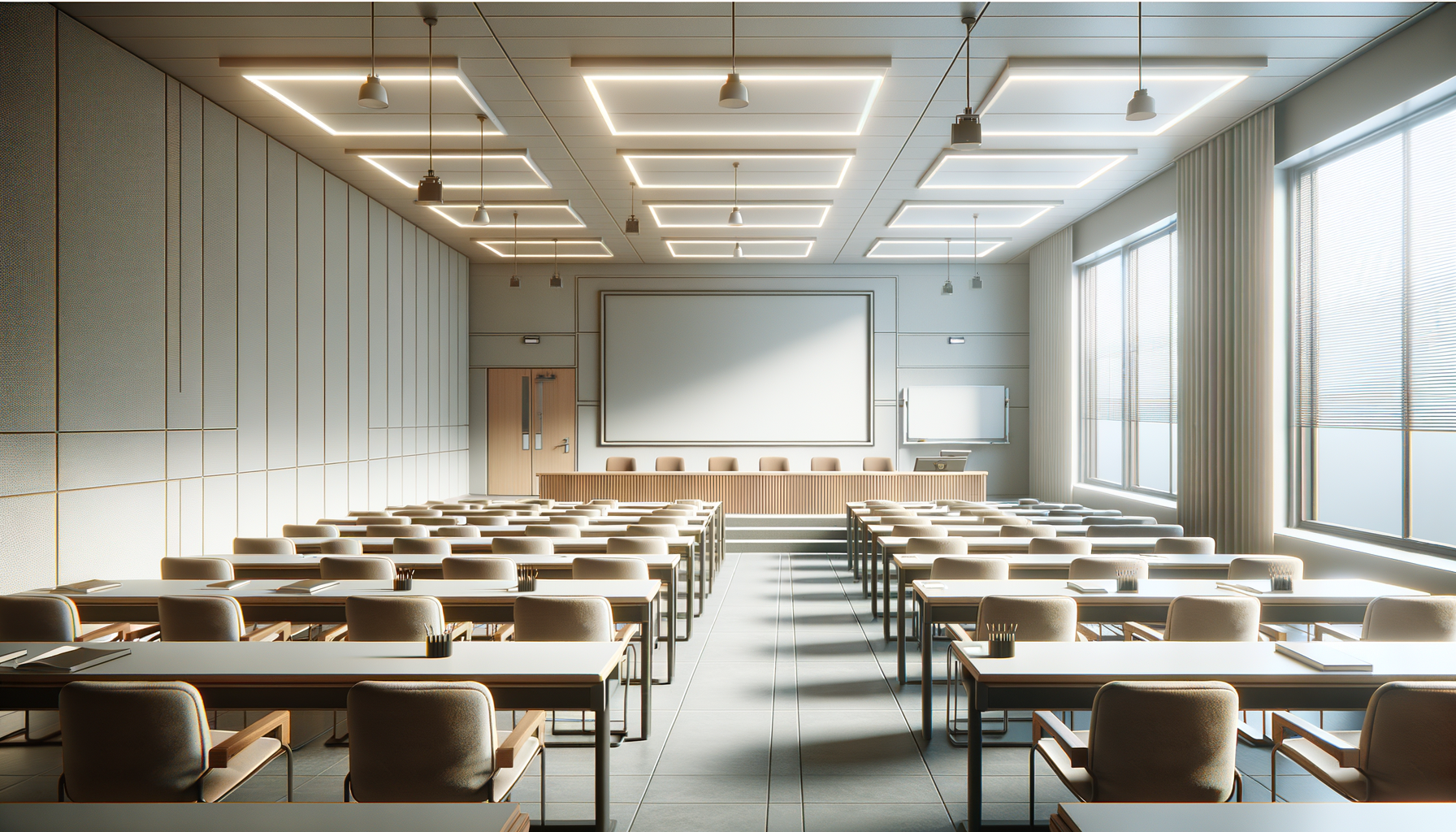 Empty modern classroom or conference room with rows of tables and chairs, a large whiteboard and screen at the front, and large windows on the side letting in natural light.