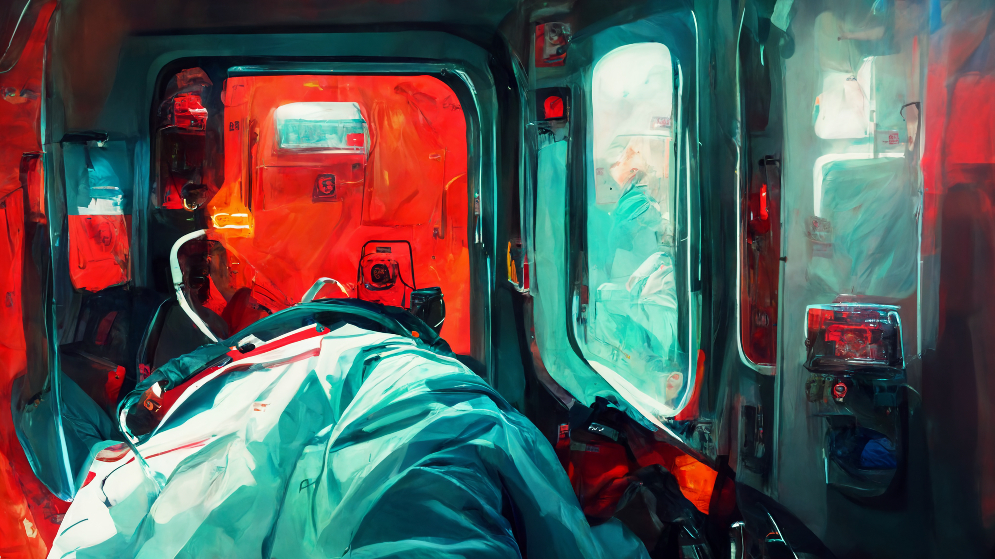 Inside an ambulance with medical personnel attending to a patient on a stretcher.