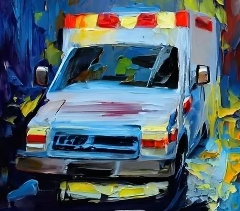 Painting of an ambulance vehicle with red and yellow lights on top, facing forward, with blue, yellow, and dark background colors.
