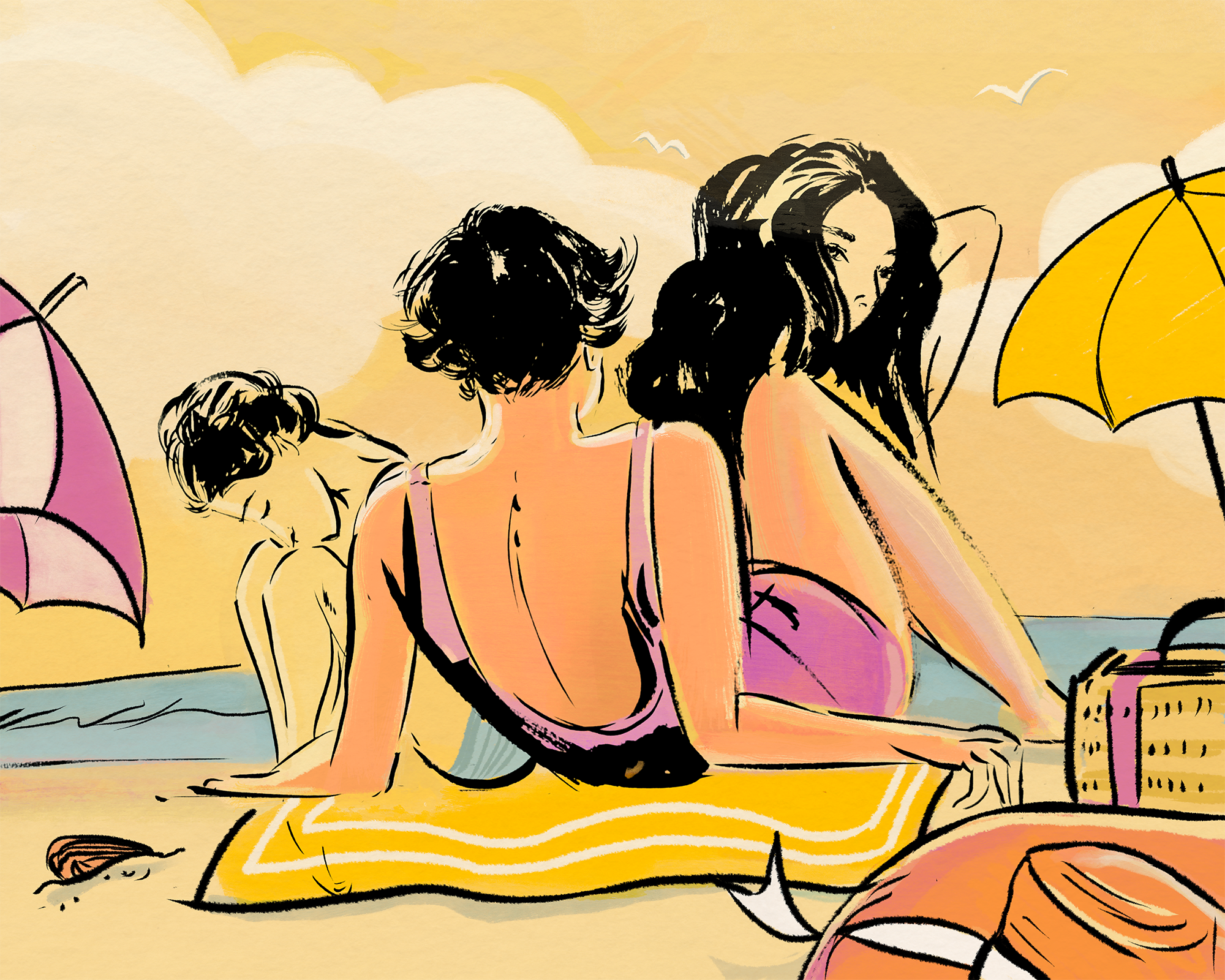Ladies at the beach on a hot Summer day.