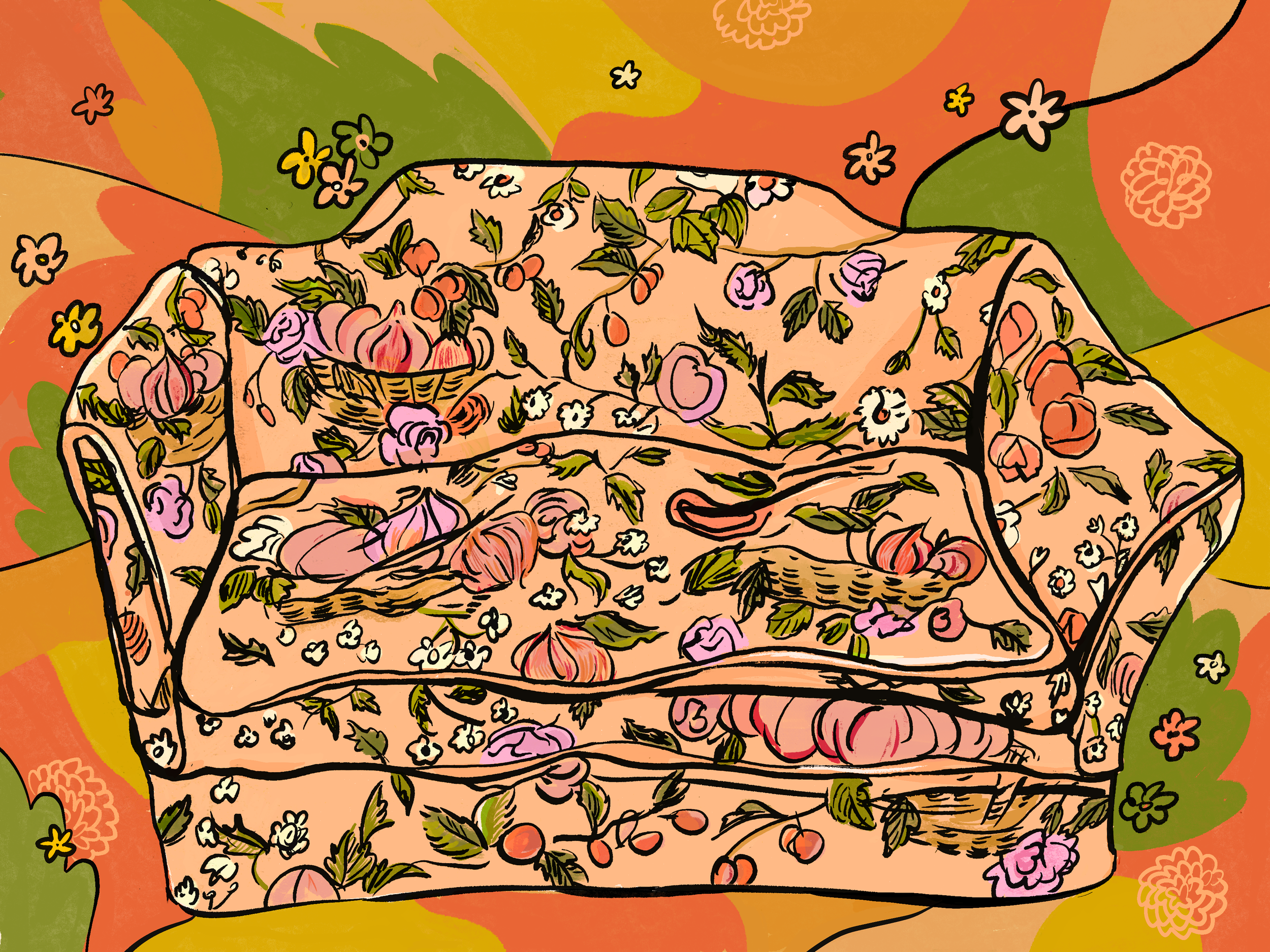 Personal illustration of a funky couch that lives at Inness Hotel’s lobby.