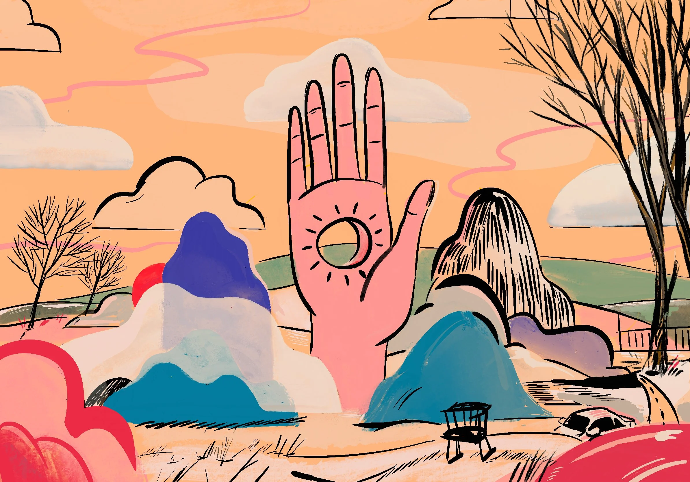 I took a solo road trip anticipating peace and calm. It didn’t end up that way, but it offered me great lessons. I put that energy into this drawing and it became a form of healing.