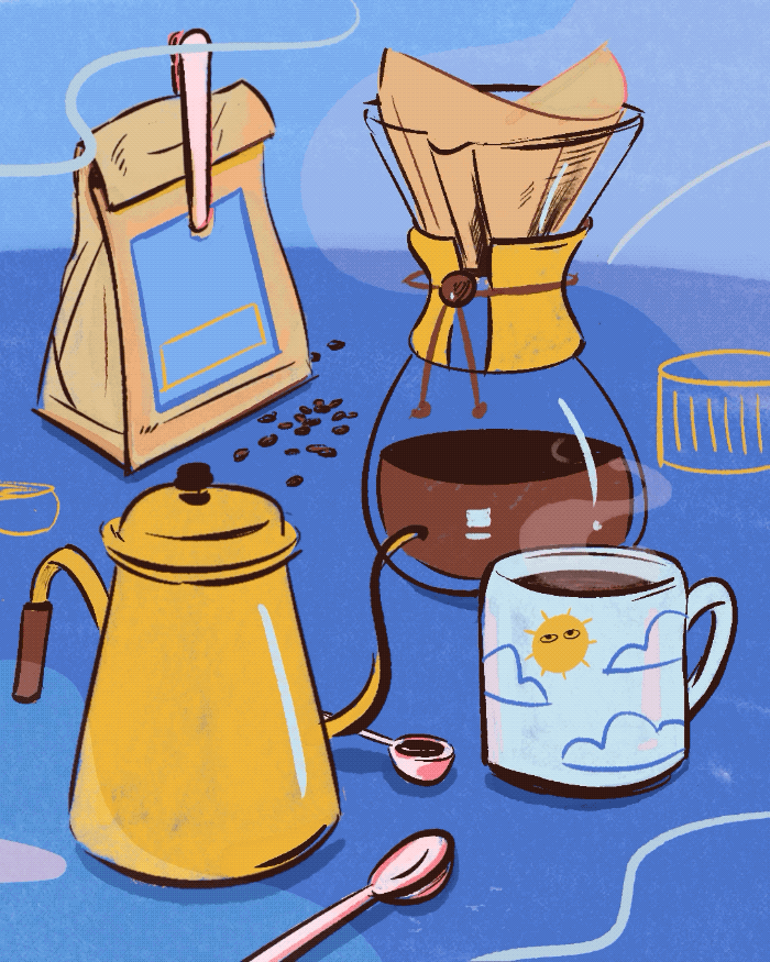 animated illustration of coffee breakfast with chemex and mug