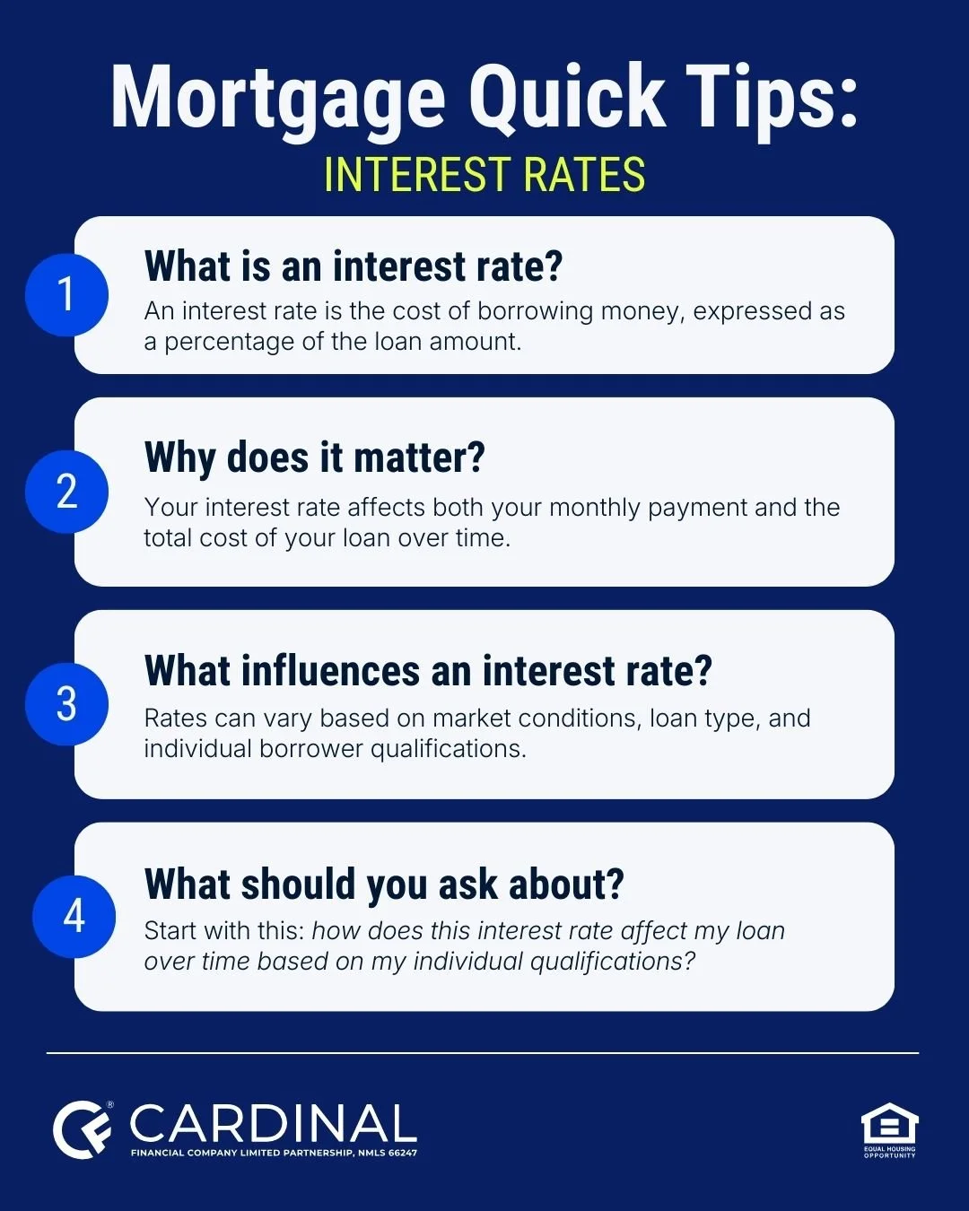 Understanding interest rates is one of the most important parts of the home financing process.
Your rate impacts your monthly payment and the total cost of your loan over time. Rates can vary based on market conditions, loan type, and individual qual
