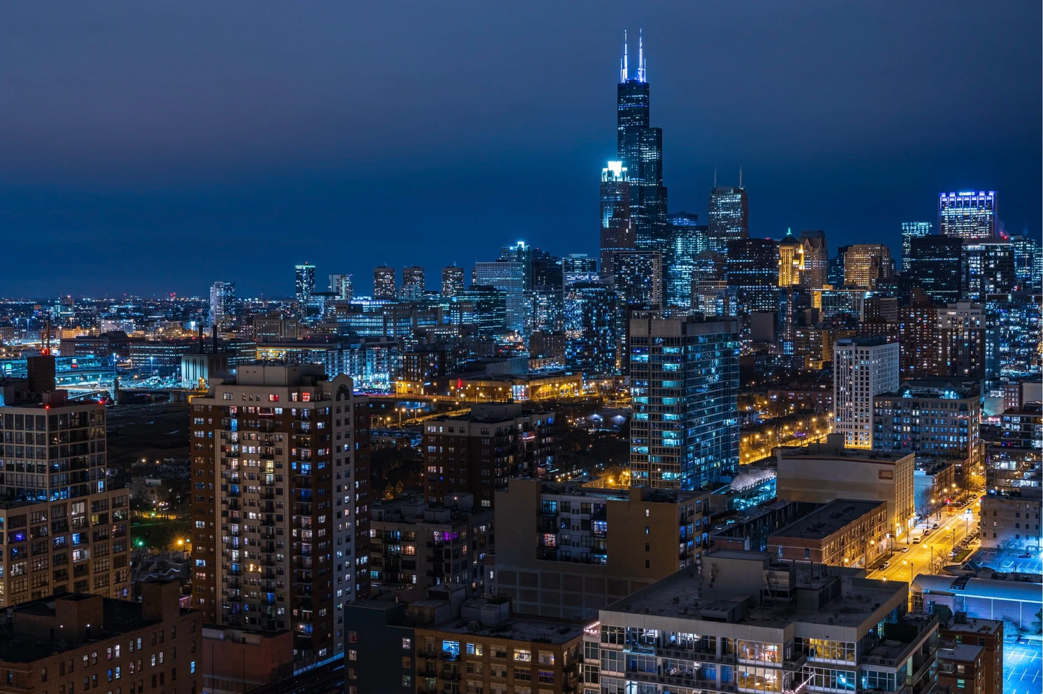 Chicago skyline illuminated at night