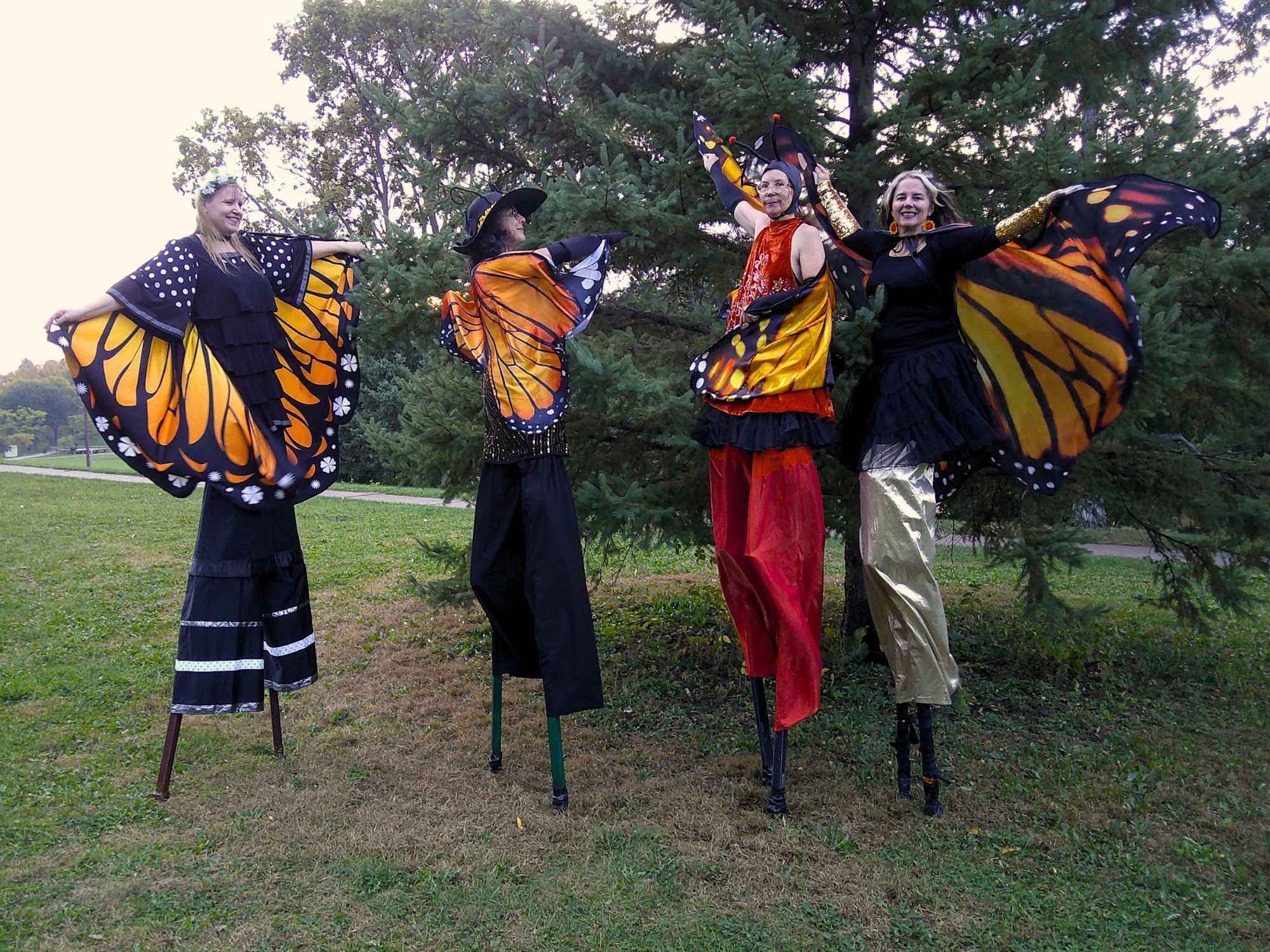 Four light-skinned people on stilts wearing monarch wings pose in front of a conifer tree.
