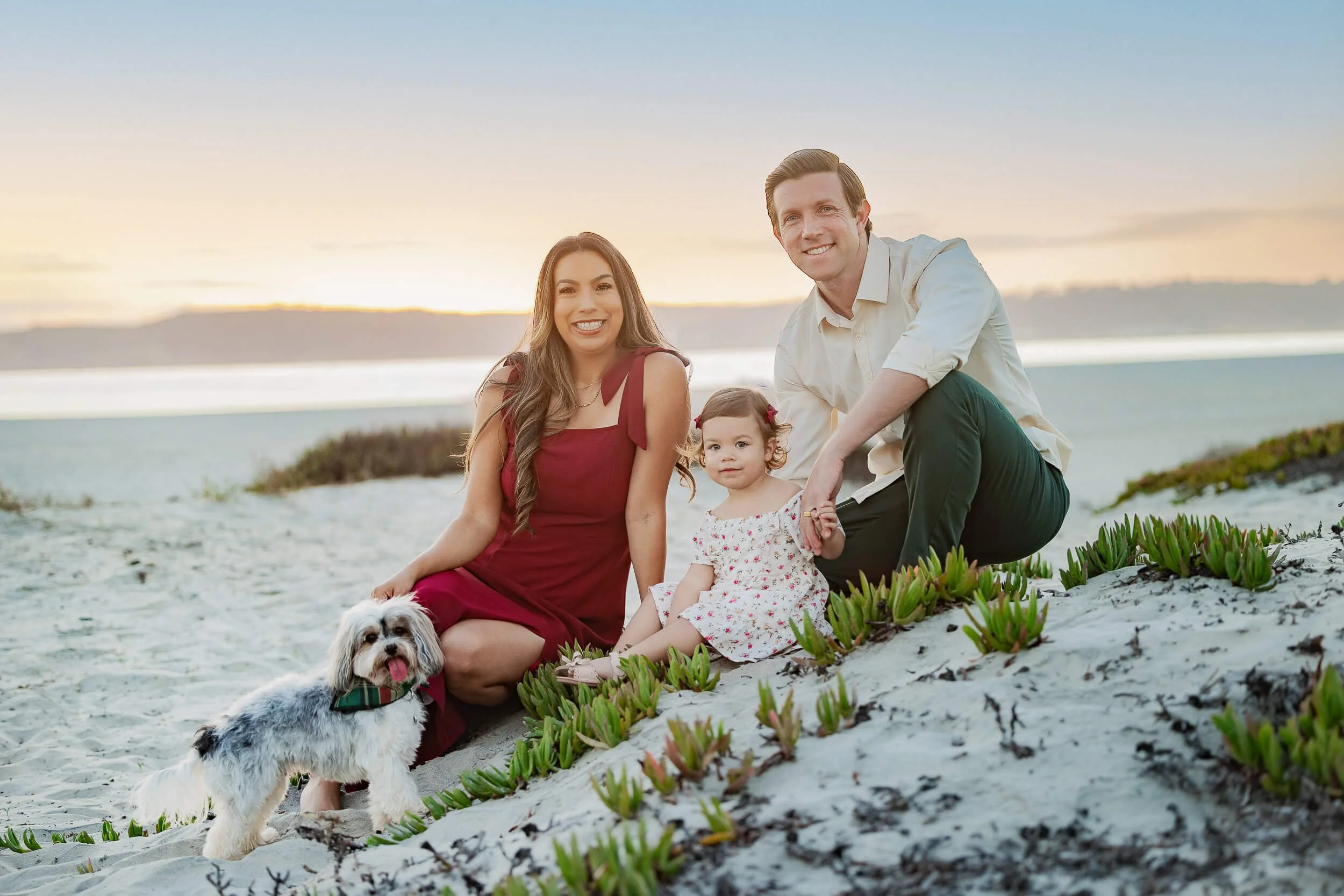 A family of four with a dog on the beach at sunset, smiling and holding hands.