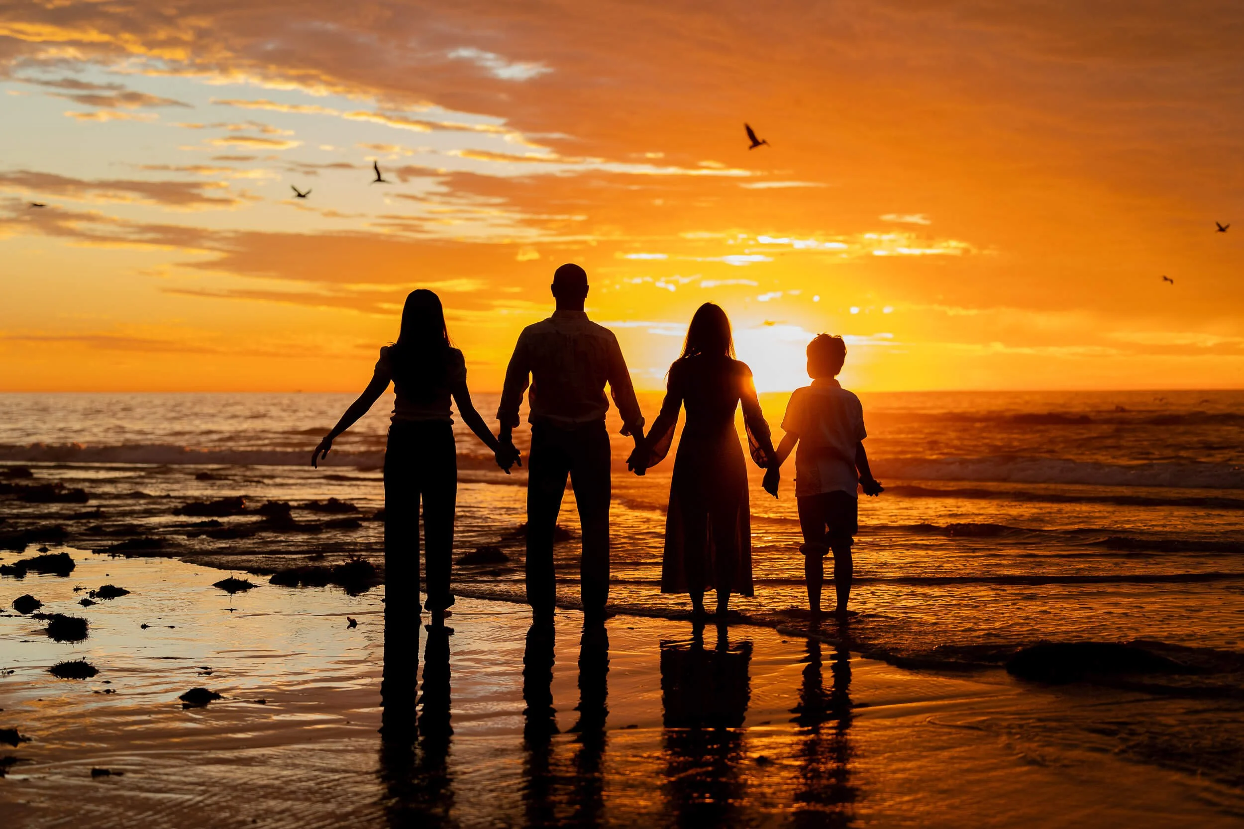 A family of four holding hands stands on the beach at sunset, with silhouettes of birds flying in the sky.