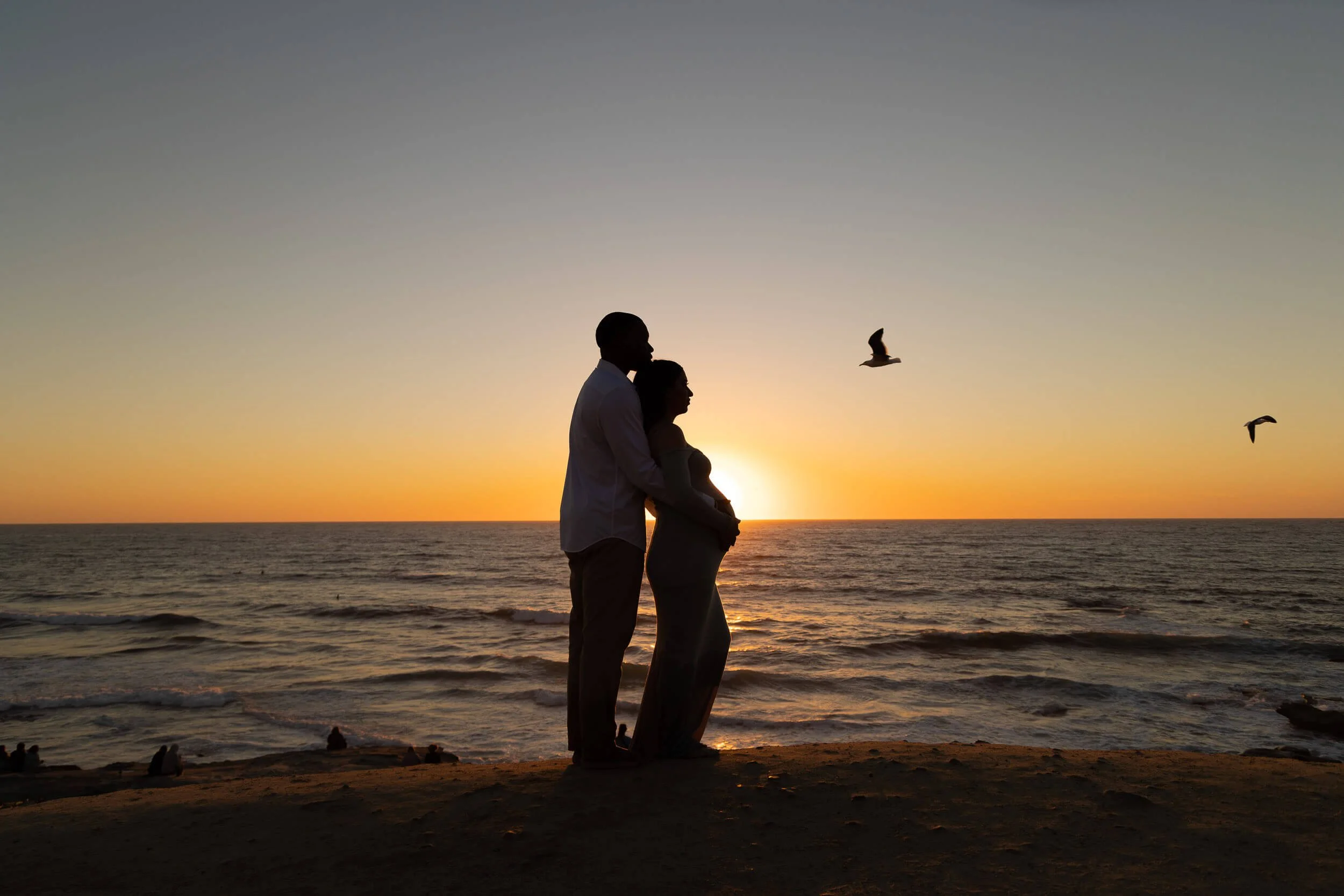 Silhouette of a couple standing on the beach at sunset, with birds flying overhead, ocean waves in the background.