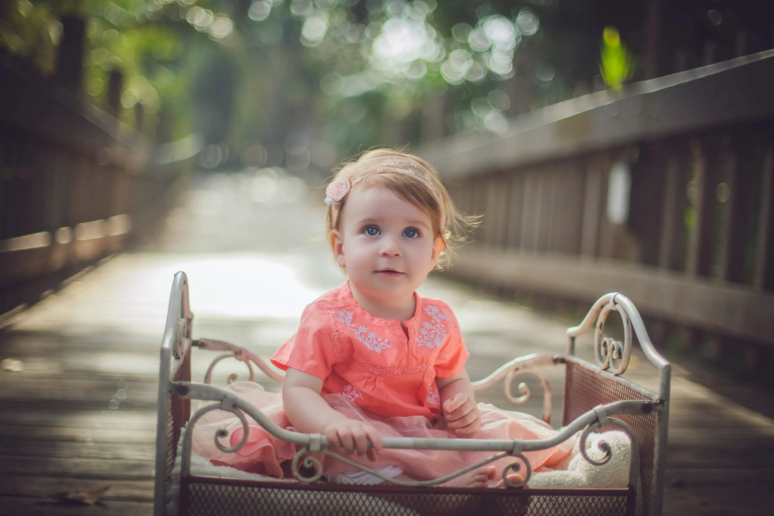 A young girl with blue eyes and light brown hair, wearing a pink dress and a headband with a pink flower, sitting in a decorative doll stroller on a wooden bridge surrounded by trees.
