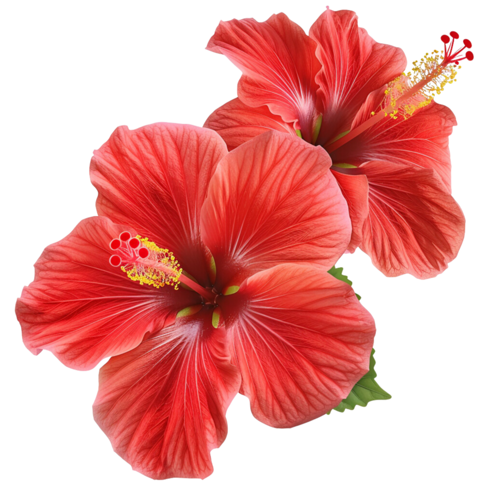 Two bright red hibiscus flowers with prominent yellow stamens and white veins on the petals.