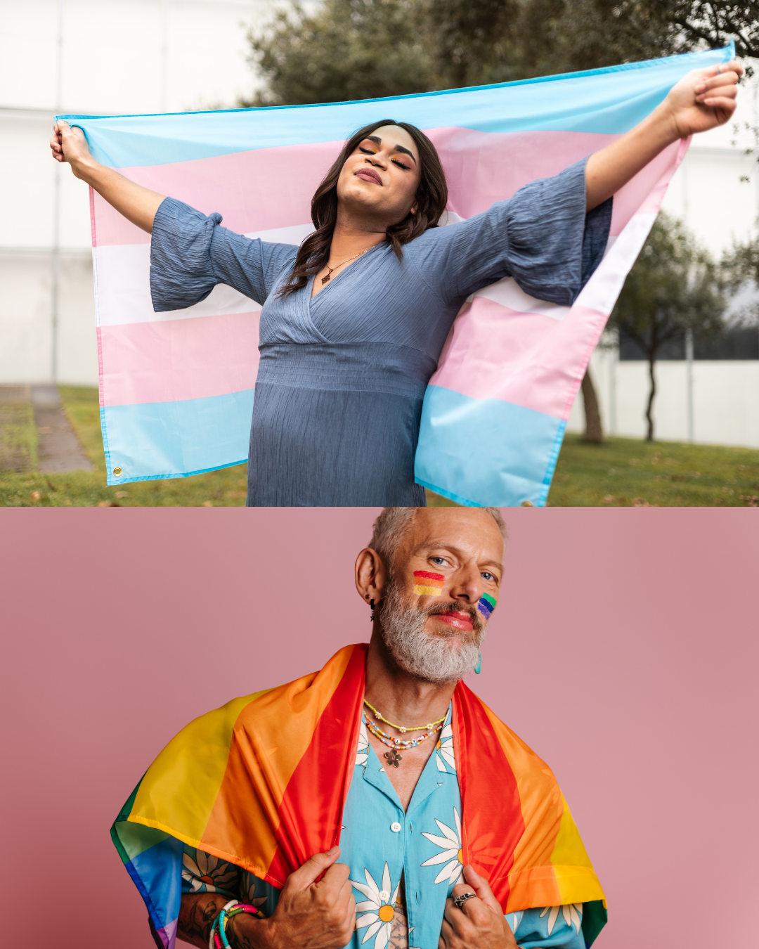 A photo of a black trans woman holding a trans flag is above another photo of a white elder man with a rainbow flag over his shoulders.