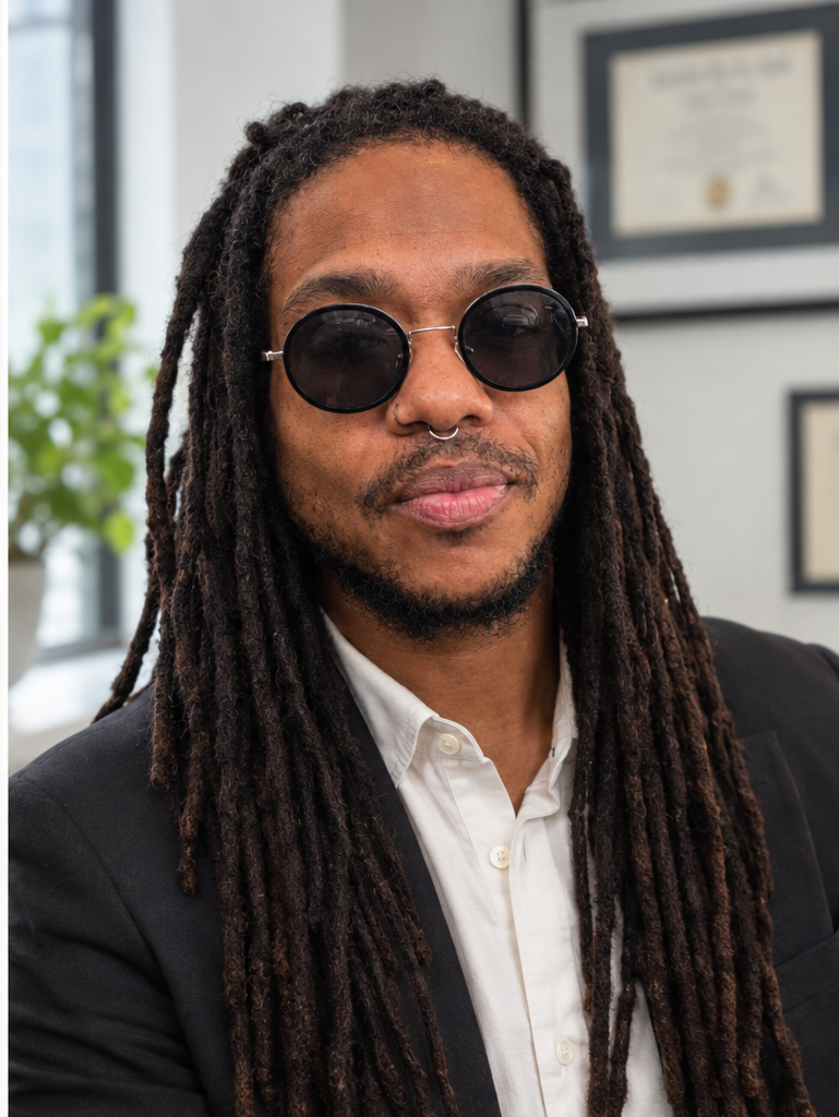 Portrait of a man with dreadlocks, wearing black sunglasses, a nose ring and a septum piercing, dressed in a black blazer and white shirt, in an office setting with framed awards on the wall.