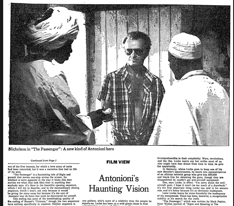 Vincent Canby’s review of, “The Passenger”