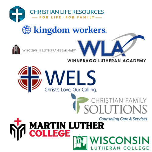 Logos of Wisconsin Evangelical Lutheran Synod organizations, including Winnebago Lutheran Academy, Wisconsin Evangelical Lutheran Synod, Martin Luther College, Wisconsin Lutheran College, and Wisconsin Lutheran Seminary.
