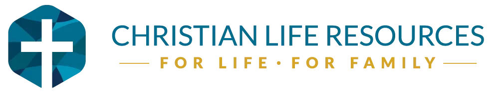 Christian Life Resources logo with a cross inside a blue circle, text reading 'Christian Life Resources' and 'For Life For Family'.