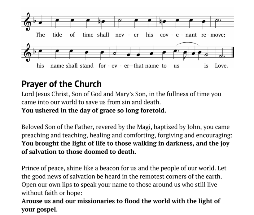 Sheet music and prayer text titled "Prayer of the Church."