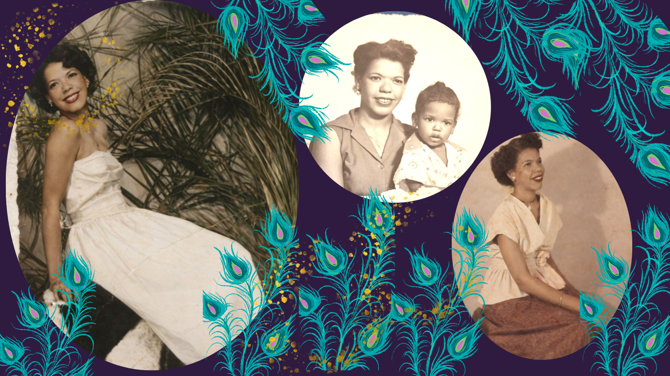 three images of Mildred with peacock feathers layered throughout and gold circles. All are against a plum purple backdrop