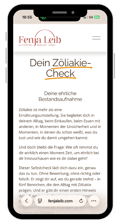 Smartphone-Mock-up mit der Seite „Dein Zöliakie-Check“.