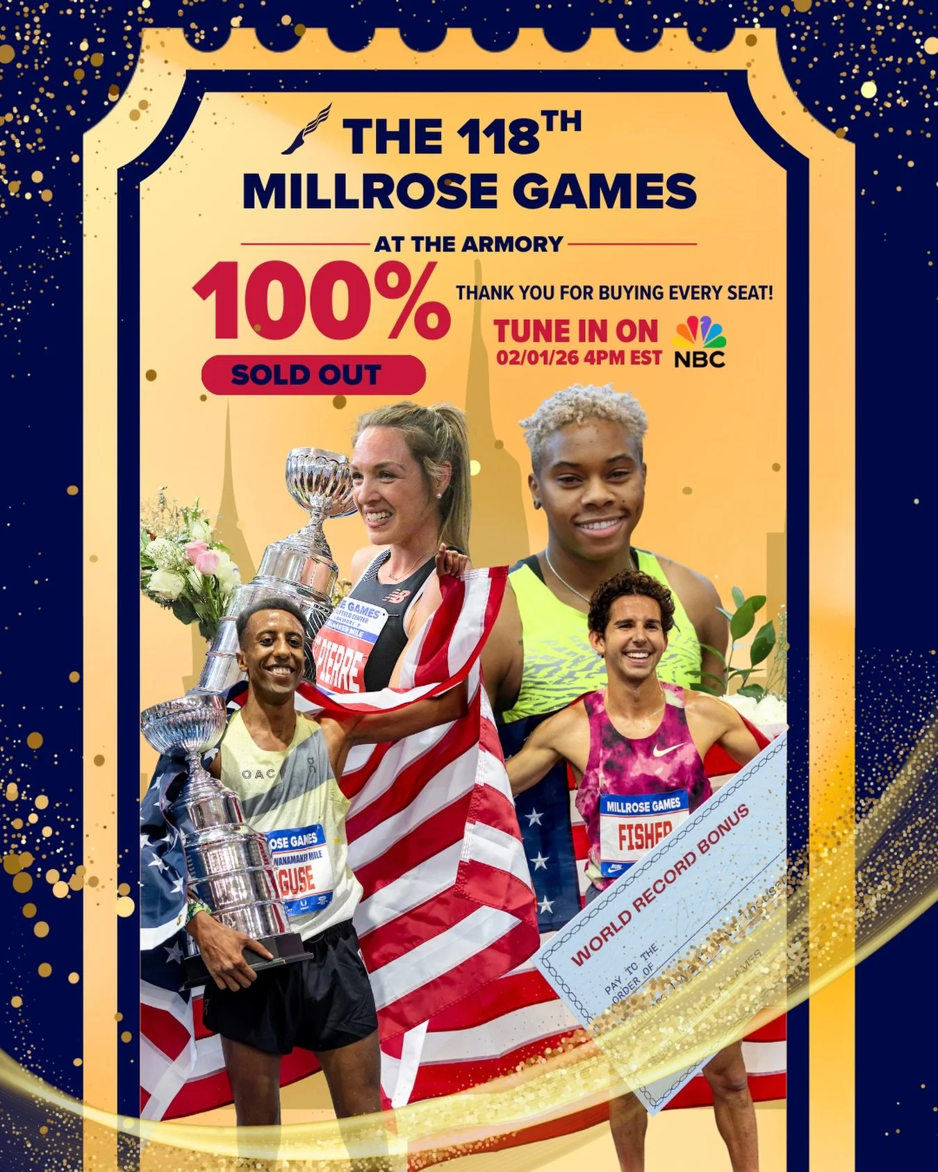 The 118th Millrose Games is officially SOLD OUT🤯🤯!! Thank you to the fans for filling the house once again. Missed out on tickets? Watch live 📺 from 4-6pm on NBC and Peacock and tune into RunnerSpace to catch the earlier action.
