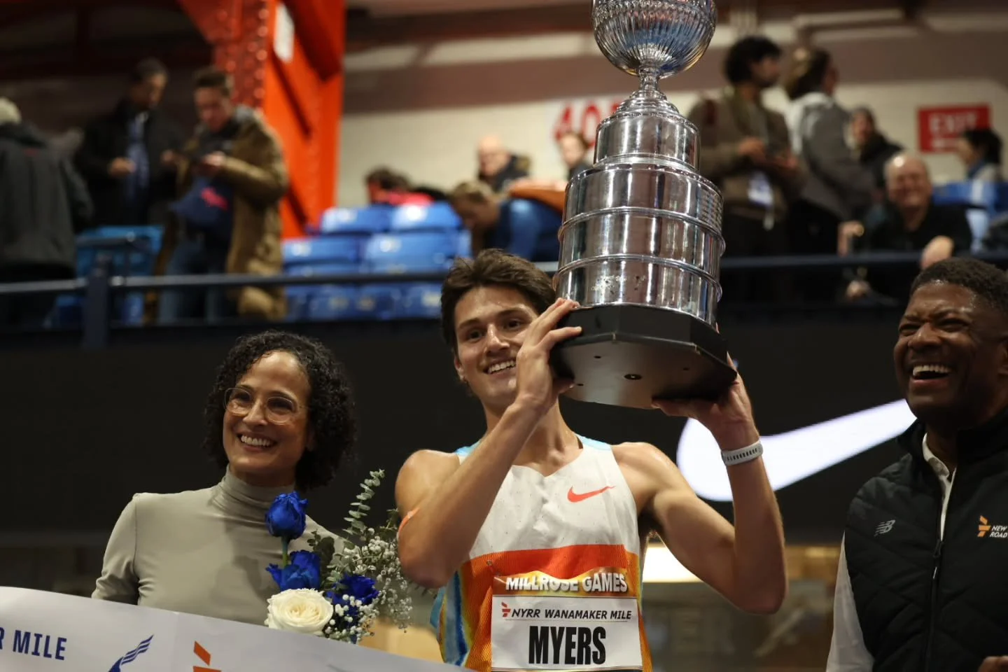 CAM MYERS OUT OF NOWHERE with the World Lead! The 19 year old phenom from Australia showed the veterans how it&rsquo;s done and secured his first NYRR Wanamaker Mile title. Myers is the youngest Wanamaker Mile winner EVER, with Marty Liquori now the 