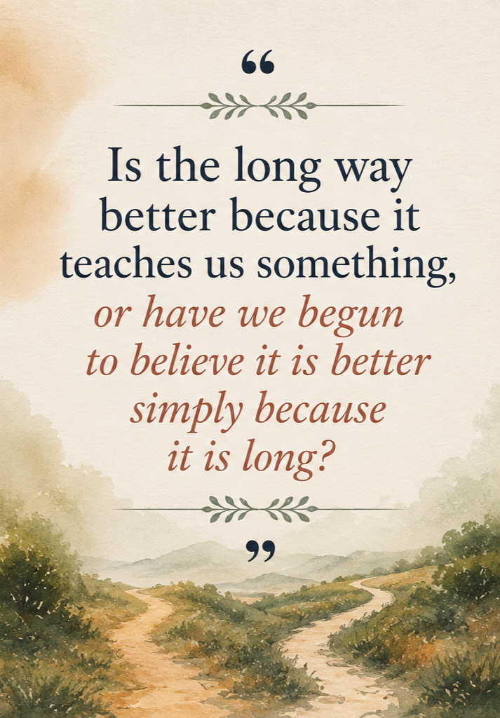Decorative watercolor illustration of a winding path accompanying a pull quote about learning, struggle, and the value we assign to difficult work.
