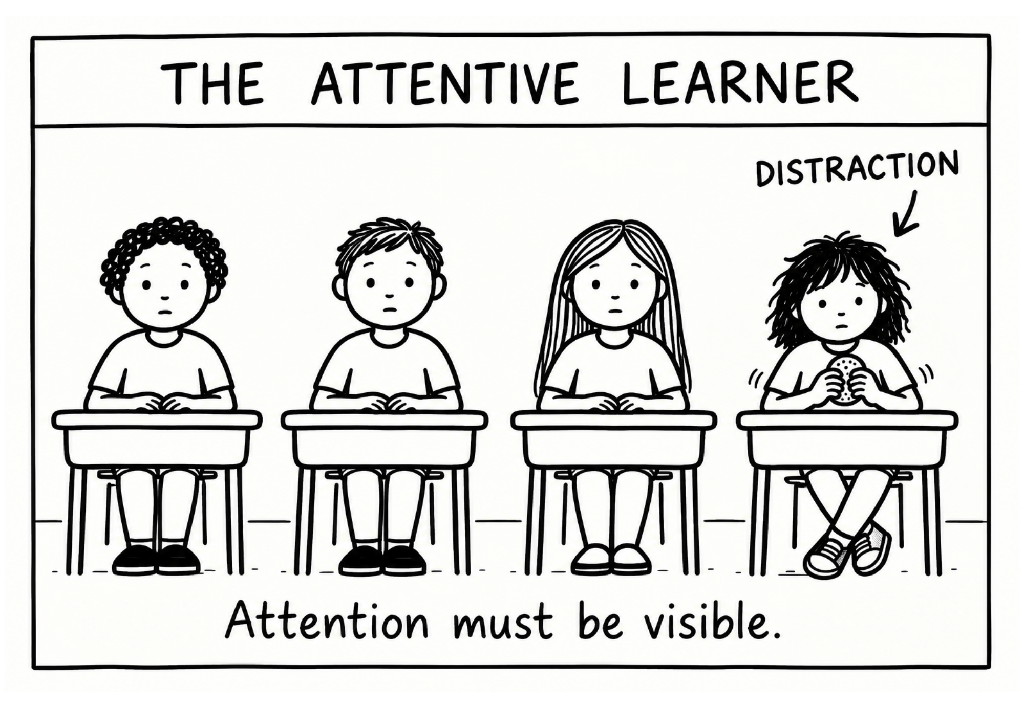Comic of four students at desks, one labeled as a distraction for using a fidget.