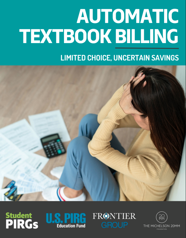 Report cover titled “Automatic Textbook Billing: Limited Choice, Uncertain Savings.