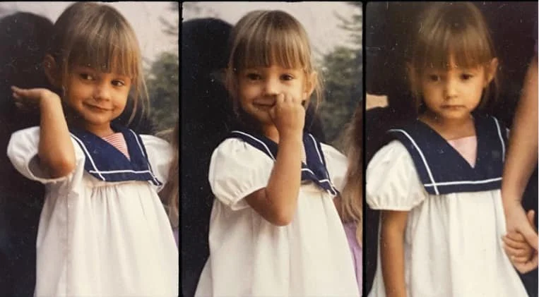 Three side-by-side childhood photos of the author at about age three, wearing a white dress with a navy sailor-style collar; in one she smiles with her hand lifted, in another she rests her hand near her face, and in the third she looks more serious.