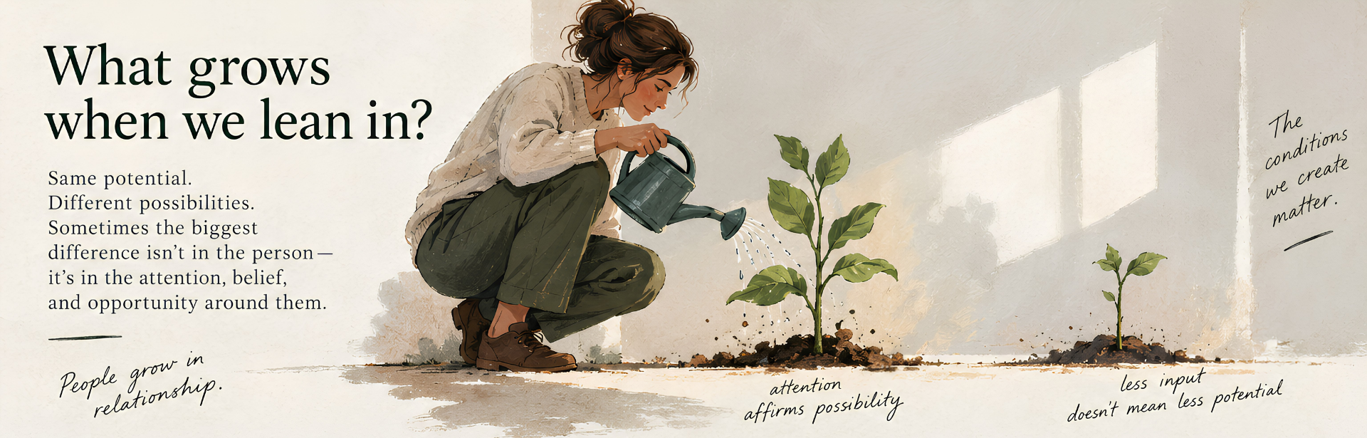 Illustration of a person watering one of two young plants. One plant has grown larger while the other remains small, representing how attention, belief, and opportunity can influence development.
