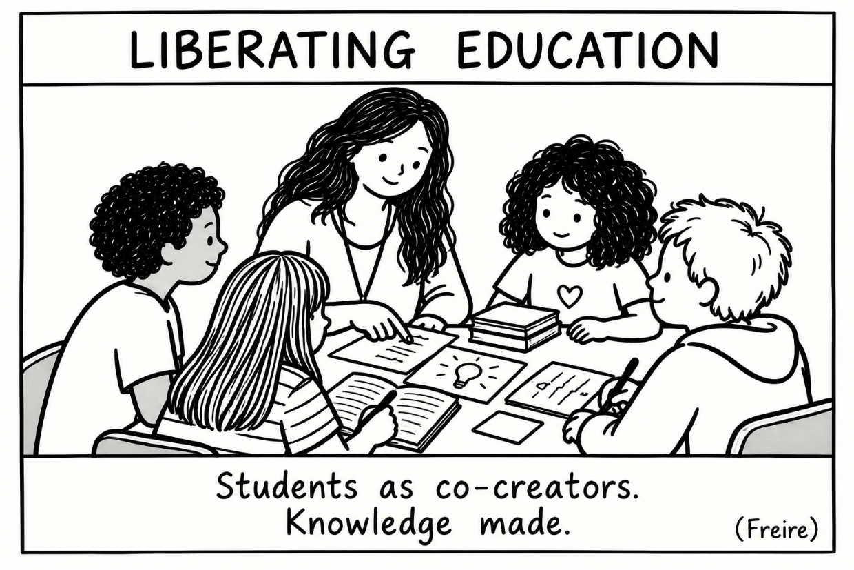 Comic of a teacher and students in a circle working together at a table.